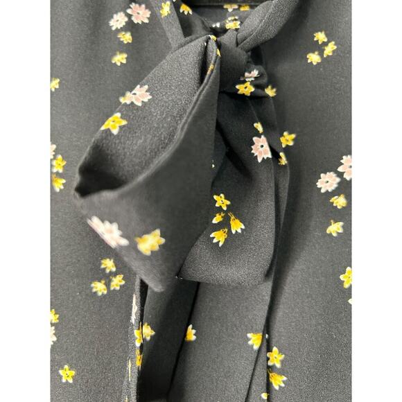 LOFT Dress Womens Size 14 Black Floral Tie Neck Button Front Long Sleeve Flare - Picture 3 of 14